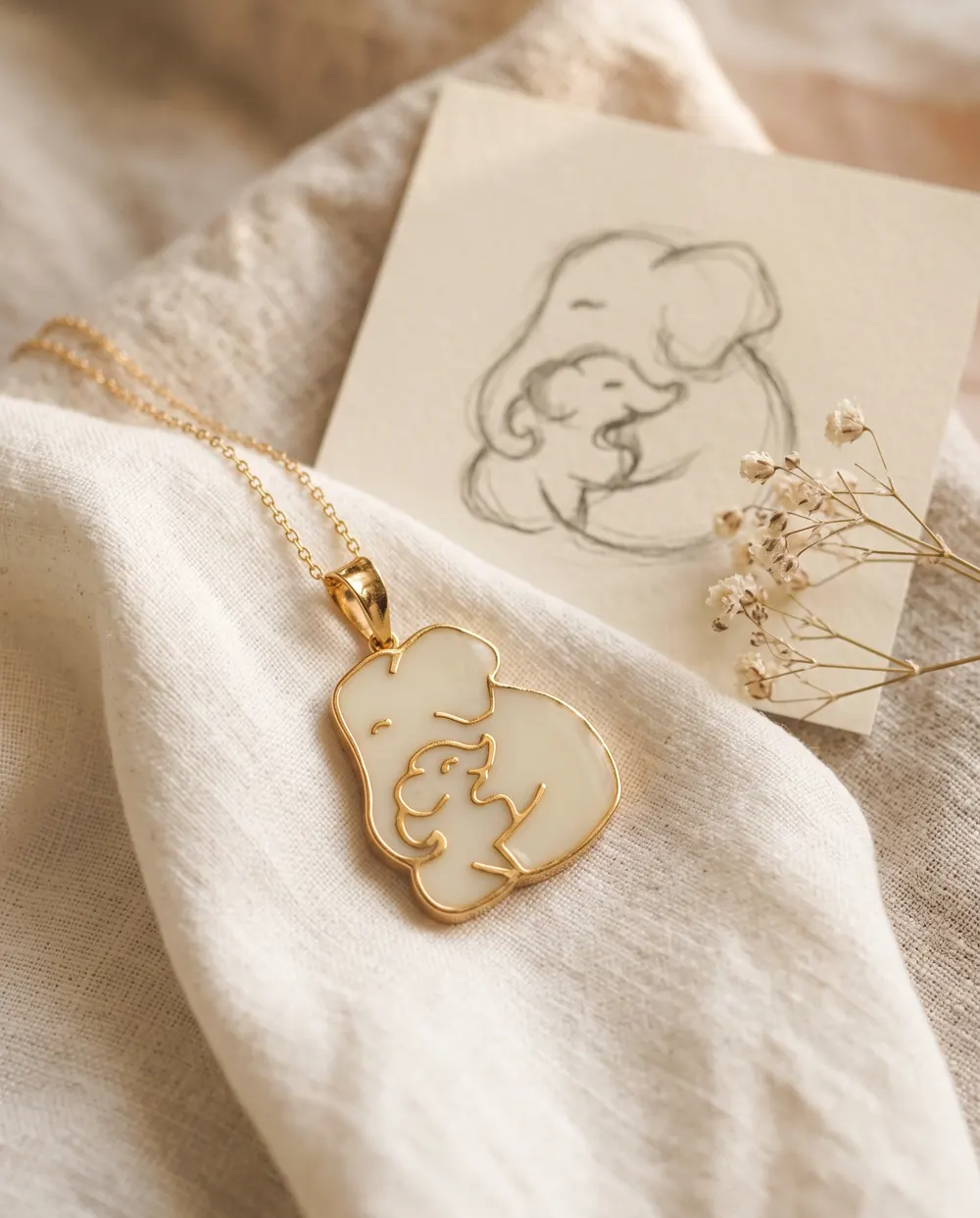 Colgante personalizado de mamá elefante con leche materna junto a su boceto