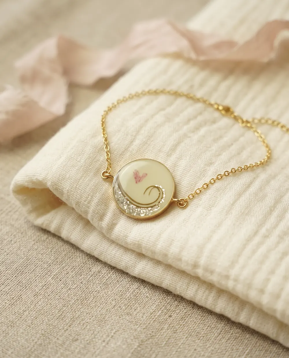 Pulsera de leche materna con baño de oro sobre una muselina